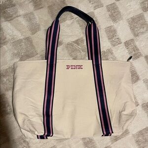 PINK Victoria's Secret Cream Tote with Pink and Navy Stripes